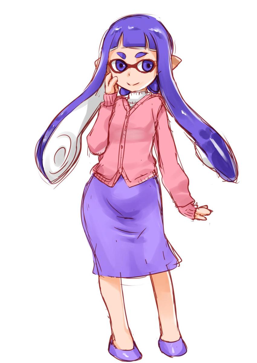 1girl, blunt_bangs, cardigan, cosplay, female_focus, hand_on_own_cheek, hand_on_own_face, highres, inkling, inkling_girl, inkling_player_character, kanon, long_hair, long_sleeves, minase_akiko, minase_akiko_(cosplay), mitarashi_kousei, nintendo, pointy_ears, purple_eyes, purple_hair, purple_shoes, purple_skirt, shoes, simple_background, sketch, skirt, smile, solo, splatoon_(series), splatoon_1, tentacle_hair, white_background