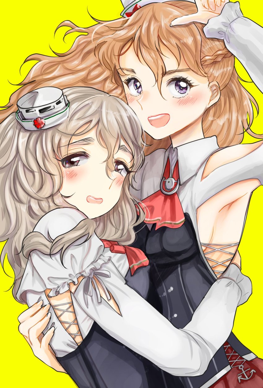 10s, 2girls, ascot, brown_hair, grey_eyes, grey_hair, hat, highres