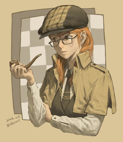 1girl, bigunit, detective, female_focus, genderswap, genderswap_(mtf), glasses, hat