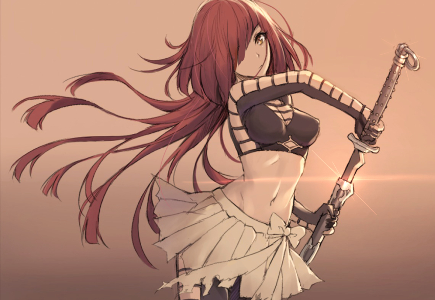 1girl, black_thighhighs, breasts, cleavage, closed_mouth, contrapposto, cowboy_shot, expressionless, female_focus, glin, glint, gradient_background, hair_over_one_eye, head_tilt, holding, holding_sword, holding_weapon, katana, long_hair, looking_at_viewer, midriff, navel, orange_background, orange_eyes, original, pleated_skirt, red_hair, revealing_clothes, sheath, sheathed, simple_background, skirt, solo, standing, stomach, sword, thighhighs, tonee, unsheathing, very_long_hair, weapon, white_skirt