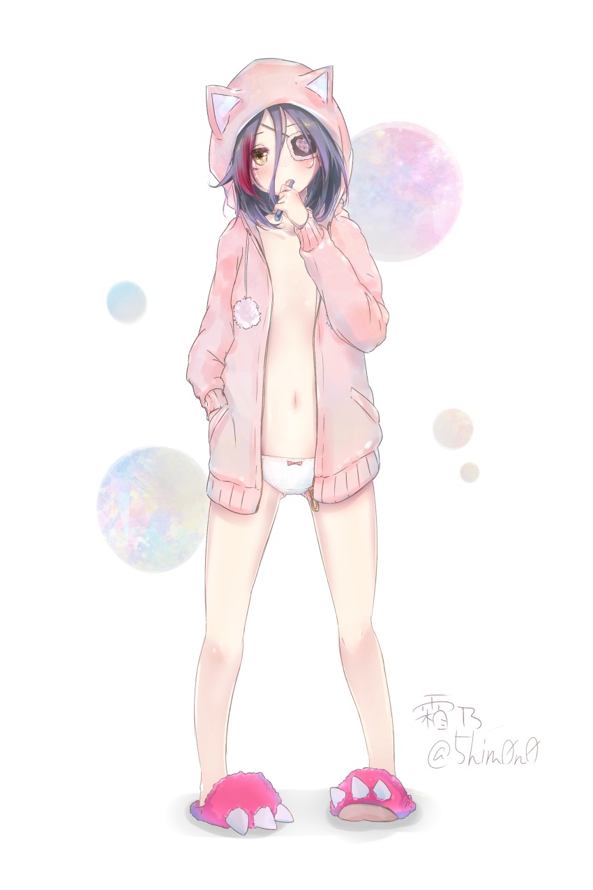 10s, 1girl, absurdres, animal_hood, brown_eyes, brushing_teeth, cat_hood, eyepatch