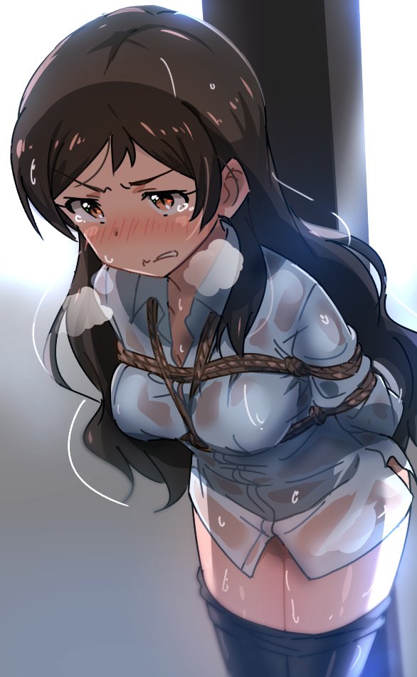 10s, 1girl, bad_id, bad_twitter_id, bdsm, blush, bondage, bound, breasts, brown_eyes, brown_hair, clothes_pull, female_focus, humiliation, idolmaster, idolmaster_million_live!, kitazawa_shiho, long_hair, pantyhose, pantyhose_pull, red10, solo, sweat