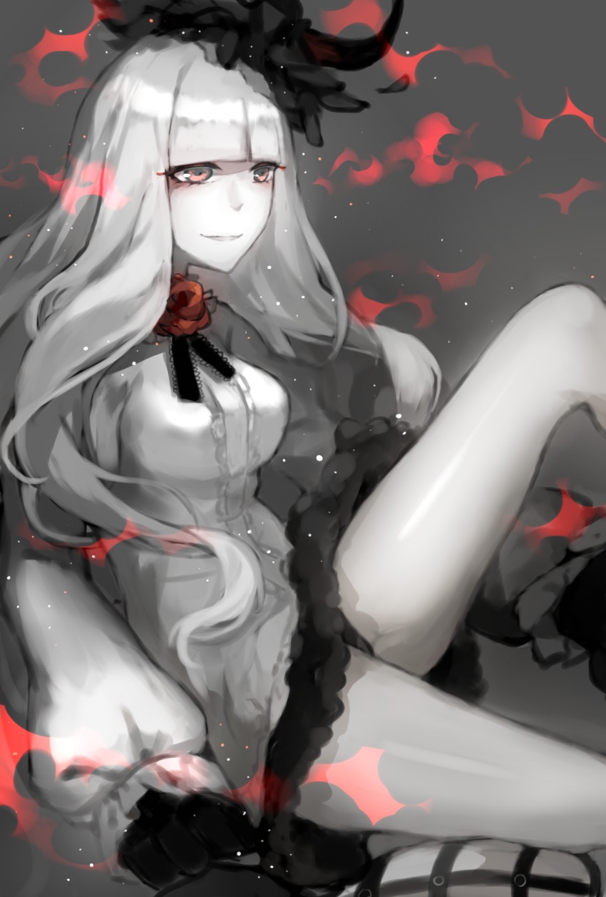 10s, 1girl, abyssal_ship, black_panties, black_skirt, blunt_bangs, breasts, colored_skin, dress, female_focus, flower, grin, hair_flower, hair_ornament, highres, horns, juine, kantai_collection, large_breasts, long_hair, long_sleeves, lycoris_princess, microskirt, monochrome, panties, pink_eyes, red_flower, red_rose, rose, short_dress, skirt, sleeves_past_wrists, smile, solo, spot_color, underwear, white_dress, white_hair, white_skin