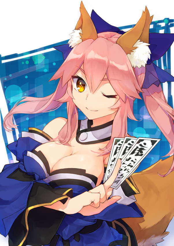 10s, 1girl, ;), agsen, animal_ears, bare_shoulders, between_fingers, blue_bow, blue_dress, bow, breasts, brown_eyes, card, cleavage, closed_mouth, collar, detached_collar, detached_sleeves, dress, fate/extra, fate_(series), female_focus, fox_ears, fox_tail, hair_between_eyes, hair_bow, head_tilt, holding, holding_card, large_breasts, long_hair, long_sleeves, looking_at_viewer, one_eye_closed, pink_hair, sidelocks, smile, solo, strapless, strapless_dress, tail, tamamo_no_mae_(fate), thick_eyebrows, twintails, upper_body