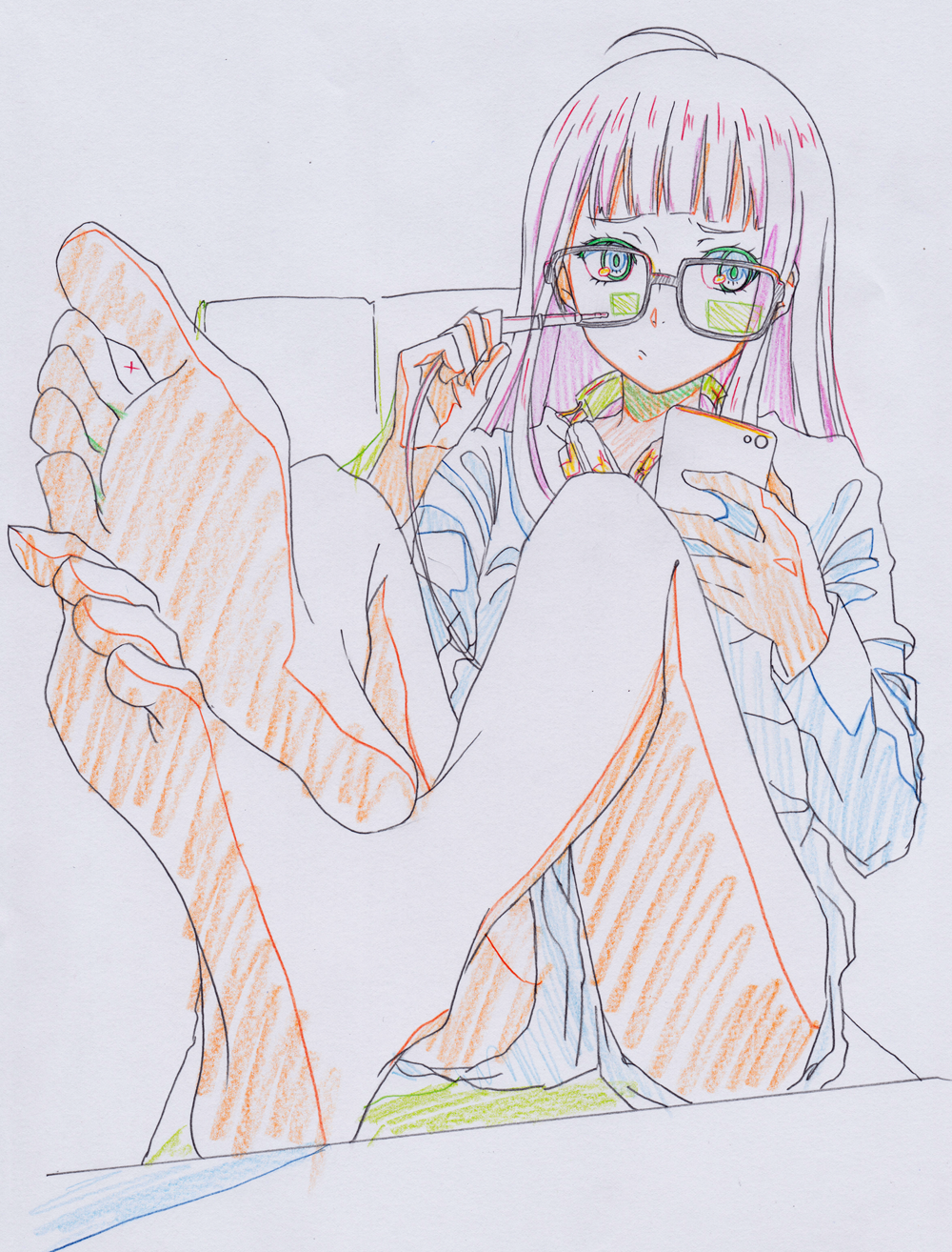 10s, 1girl, ahoge, artistic_error, bad_id, bad_pixiv_id, barefoot, feet, female_focus, glasses, headphones, headphones_around_neck, highres, long_hair, namigon, persona, persona_5, sakura_futaba, soles, solo, toes, white_background
