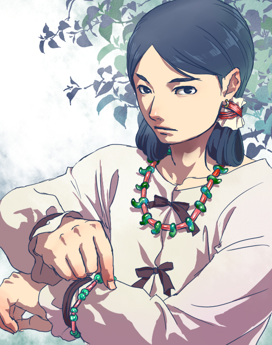 1boy, black_hair, jewelry, kofun_period, male_focus, nature, outdoors, plant