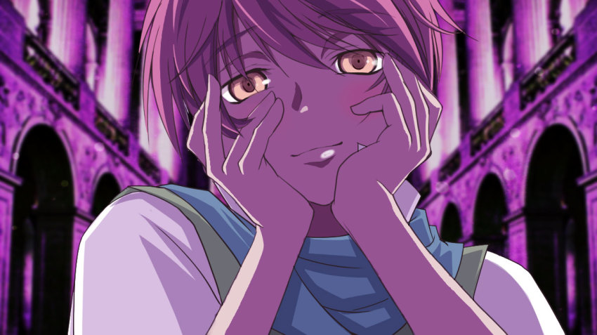 1boy, adol_christin, bad_id, bad_pixiv_id, blush, falcom, hands_on_own_cheeks, hands_on_own_face, male_focus, male_yandere, meme, mirai_nikki, mizuno_haruhi, parody, red_hair, smile, solo, yandere, yandere_trance, ys, ys_seven