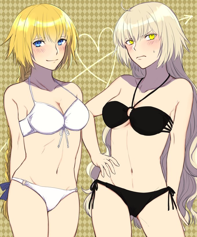 000_(jicasoe), 2girls, ahoge, alternate_hairstyle, bad_id, bad_twitter_id, bikini, black_bikini, blush, braid, breasts, cleavage, fate/apocrypha, fate/grand_order, fate_(series), hair_ribbon, hand_on_own_hip, jeanne_d'arc_(fate), jeanne_d'arc_(ruler)_(fate), jeanne_d'arc_alter_(avenger)_(fate), jeanne_d'arc_alter_(fate), large_breasts, long_hair, looking_at_viewer, md5_mismatch, multiple_girls, navel, ribbon, ruler_(fate/grand_order), scowl, smile, string_bikini, swimsuit, white_bikini