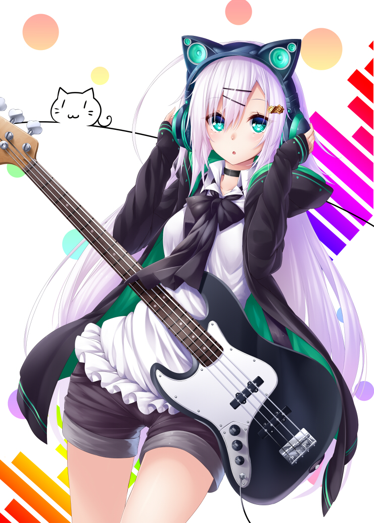 1girl, :o, animal_ear_headphones, animal_ears, axent_wear, bass_guitar, black_ribbon, black_shorts