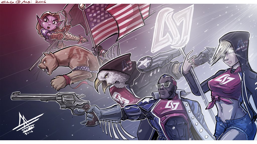 10s, 2016, 2016_league_of_legends_mid-season_invitational, american_flag, azir, black_hair, blonde_hair, colored_skin, cougar, counter_logic_gaming, denim, denim_shorts, glasses, gun, hammer, handgun, janna_(league_of_legends), league_of_legends, lucian_(league_of_legends), mattcom, md5_mismatch, midriff, navel, nidalee, open_mouth, pointy_ears, poppy_(league_of_legends), purple_skin, resolution_mismatch, revolver, riot_games, shorts, source_larger, staff, sunglasses, united_states, weapon, yordle