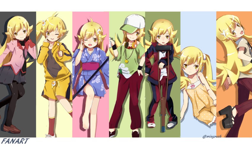 6+girls, araragi_karen, araragi_karen_(cosplay), araragi_tsukihi, araragi_tsukihi_(cosplay), bakemonogatari, blonde_hair, blouse, cosplay, crowbar, crutch, fang, fooring, gaen_izuko, gaen_izuko_(cosplay), hanamonogatari, hat, headphones, holding, holding_crowbar, hood, hooded_jacket, jacket, japanese_clothes, kagenui_yozuru, kagenui_yozuru_(cosplay), kimono, long_hair, long_sleeves, monogatari_(series), multiple_girls, nisemonogatari, numachi_rouka, numachi_rouka_(cosplay), oikura_sodachi, oikura_sodachi_(cosplay), oshino_ougi, oshino_ougi_(cosplay), oshino_shinobu, owarimonogatari, pantyhose, pink_shirt, school_uniform, shirt, sleepwear, sleeves_past_wrists, track_suit, twintails, yellow_eyes