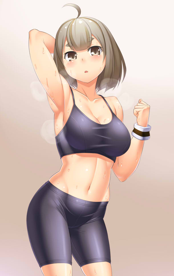 1girl, :o, ahoge, arm_behind_head, arm_up, armpits, bare_shoulders, bike_shorts
