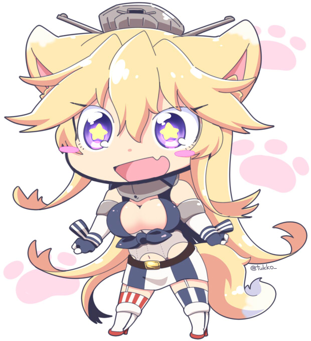 10s, 1girl, :d, animal_ears, artist_name, asymmetrical_legwear, blonde_hair, blush_stickers