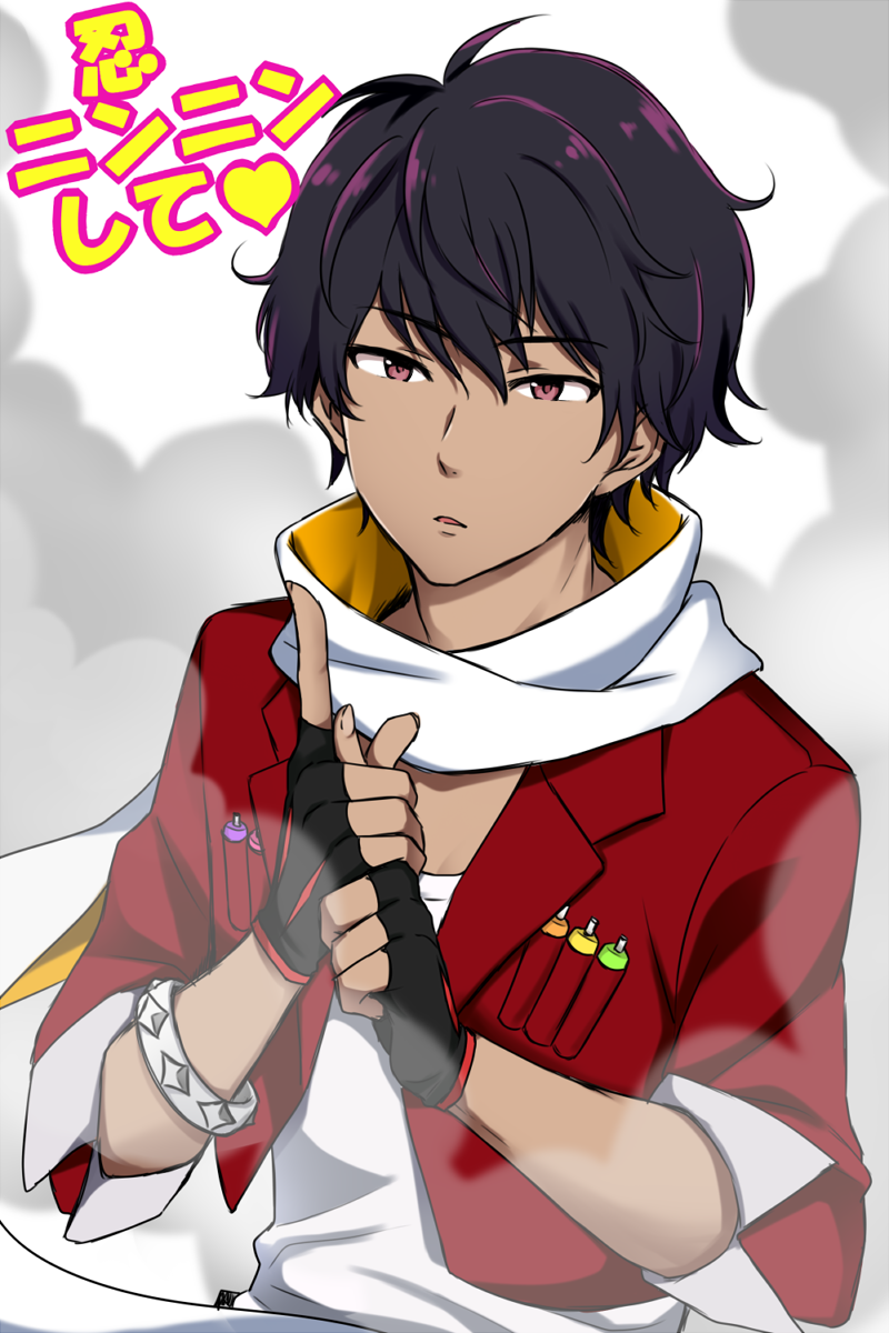 10s, 1boy, dark_skin, dark-skinned_male, fingerless_gloves, gamuminto, gloves, hand_gesture