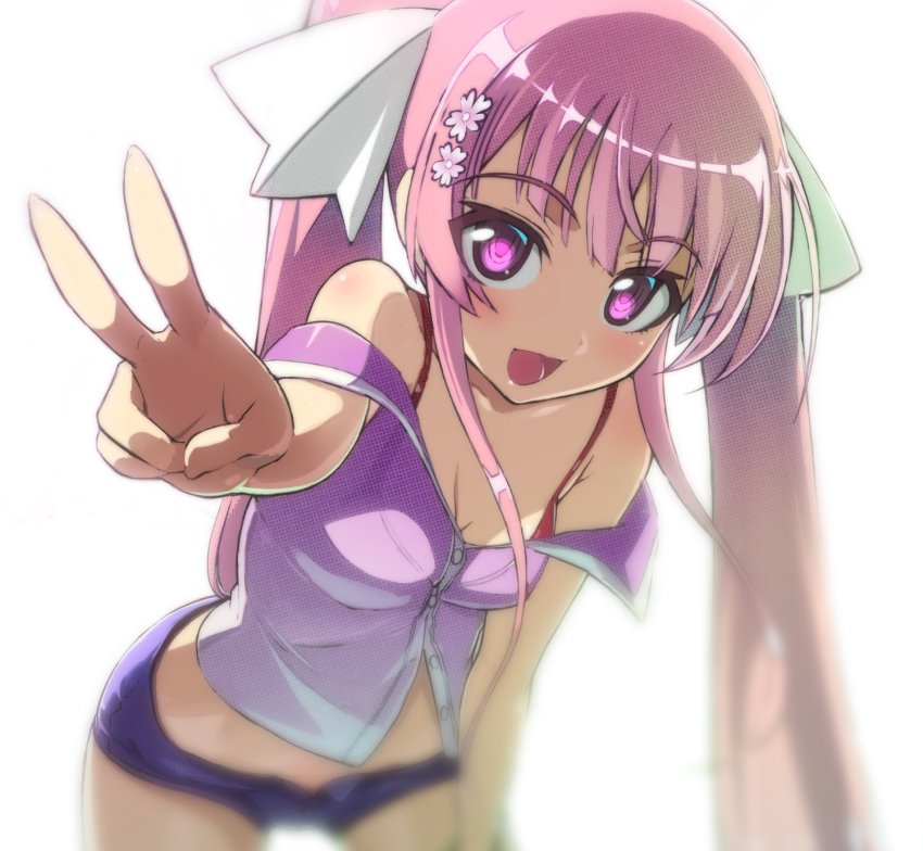 10s, 1girl, :d, bra, breasts, cleavage, denim, denim_shorts