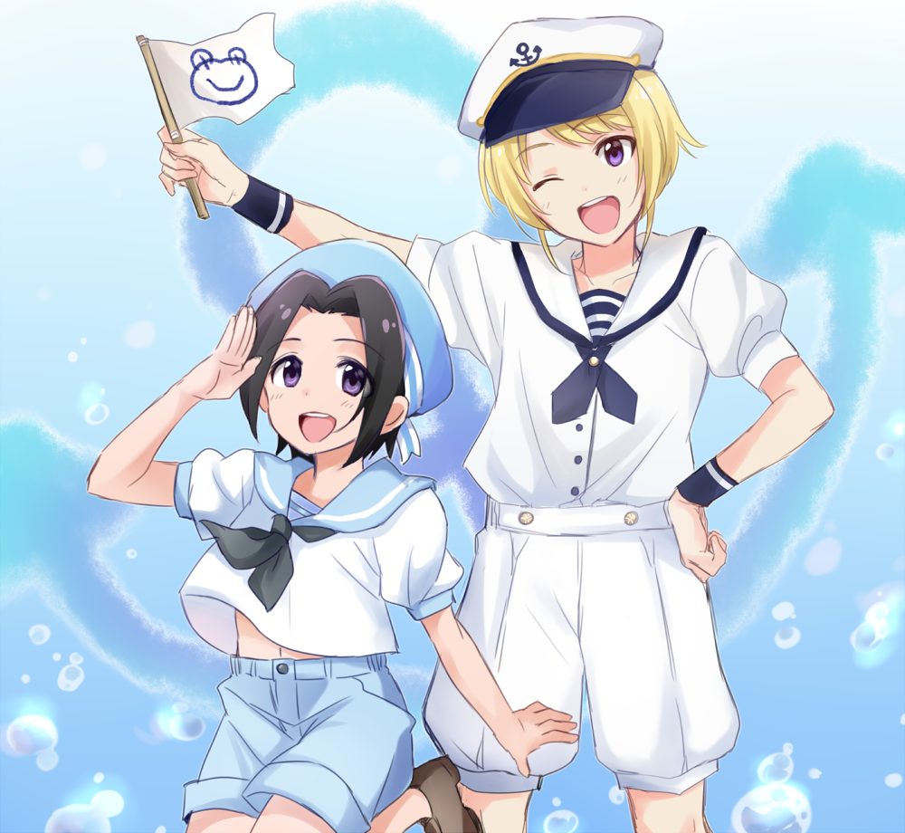 10s, 2boys, :d, ;), ;d, alternate_costume, anchor_symbol, armband, black_hair, blonde_hair, blue_background, blush, bubble, flag, gamuminto, gradient_background, hat, idolmaster, idolmaster_side-m, male_focus, multiple_boys, okamura_nao, one_eye_closed, open_mouth, pierre_(idolmaster), purple_eyes, sailor, sailor_hat, salute, shorts, smile, wristband