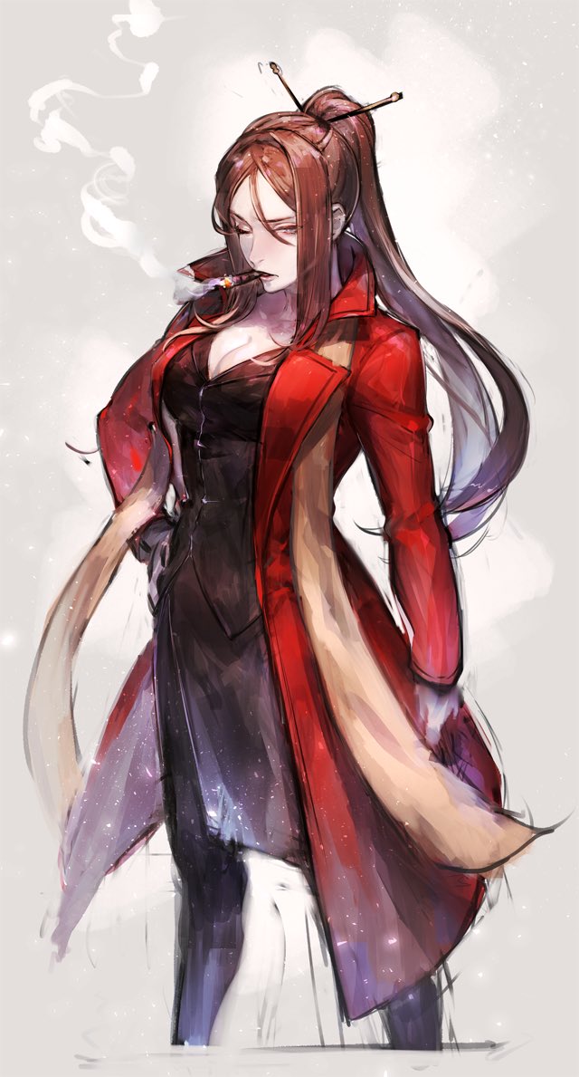 1girl, aged_up, bad_id, bad_twitter_id, black_pantyhose, breasts, brown_hair, cleavage, fate/grand_order, fate/zero, fate_(series), female_focus, genderswap, genderswap_(mtf), hair_between_eyes, lord_el-melloi_ii, minato.666, pantyhose, ponytail, smoking, solo, type-moon, waver_velvet