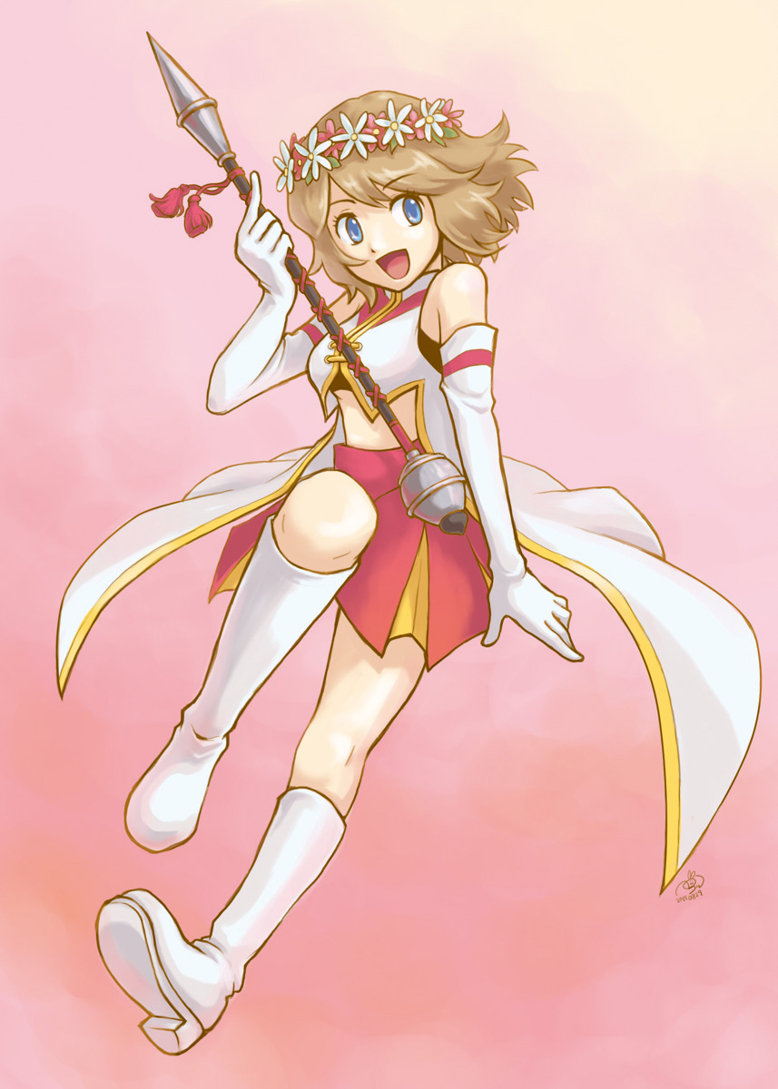 1girl, bad_id, bad_pixiv_id, blonde_hair, blue_eyes, boots, breasts, elbow_gloves