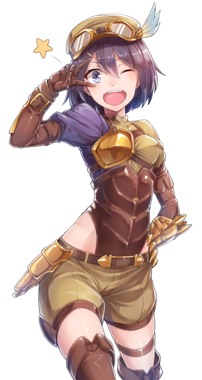 10s, 1girl, blue_eyes, blush, feena_(shingeki_no_bahamut), female_focus, gloves, goggles, granblue_fantasy, hair_between_eyes, hat, highres, konnyaku_(kk-monmon), looking_at_viewer, one_eye_closed, open_mouth, purple_hair, shingeki_no_bahamut, short_hair, smile, solo, star_(symbol), v, v_over_eye