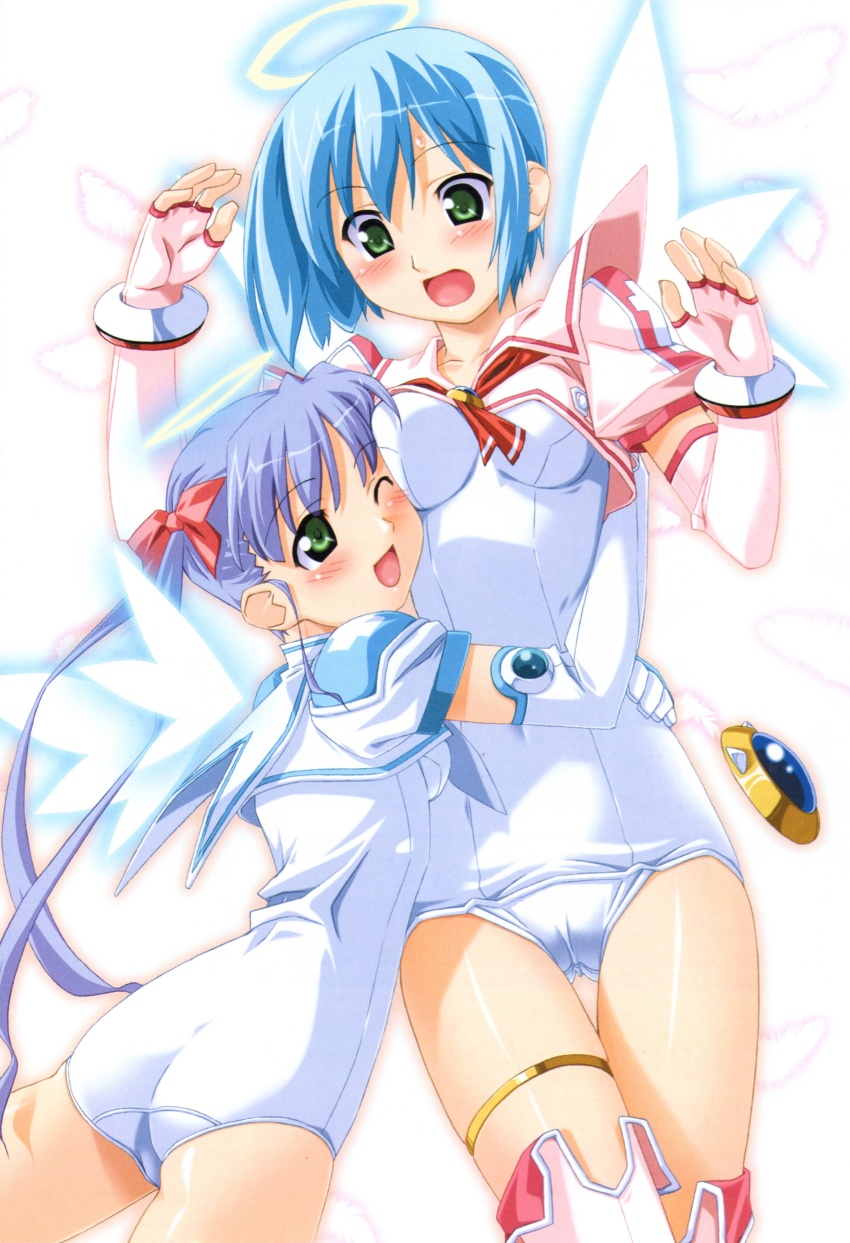 2girls, :o, ;d, absurdres, angel, ass, blue_hair, blush, bob_cut, bow, bracelet, breast_press, breasts, cameltoe, crop_top, cross, djibril_(makai_tenshi_djibril), djibril_aries, elbow_gloves, embarrassed, feathers, fingerless_gloves, flat_chest, gem, gloves, glowing, green_eyes, hair_bow, halo, highres, hug, jewelry, jinno_hikari, kuuchuu_yousai, long_hair, magical_girl, makai_tenshi_djibril, makai_tenshi_djibril_2, manabe_rika, multiple_girls, necktie, official_art, one-piece_swimsuit, one_eye_closed, open_mouth, parted_bangs, pink_legwear, sailor_collar, scan, school_swimsuit, shiny_skin, short_hair, sidelocks, simple_background, smile, standing, surprised, sweatdrop, swimsuit, swimsuit_costume, swimsuit_under_clothes, thigh_gap, thigh_strap, thighhighs, thighs, twintails, very_long_hair, white_one-piece_swimsuit, white_school_swimsuit, wings