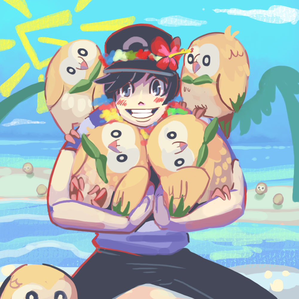10s, 1boy, ani_(puniper), animal, animal_on_shoulder, baseball_cap, bird, black_hair, carrying, elio_(pokemon), flower, flower_necklace, gen_7_pokemon, grin, hat, jewelry, lei, necklace, nintendo, owl, palm_tree, pokemon, pokemon_(creature), pokemon_sun_and_moon, rowlet, shirt, smile, striped_clothes, striped_shirt, sun, t-shirt, too_many, too_many_birds, tree