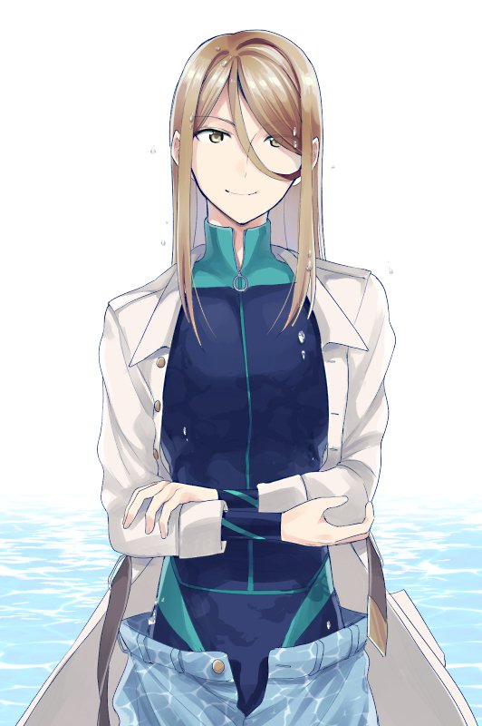 10s, 1boy, belt, bodysuit, brown_eyes, coat, diving_suit, idolmaster, idolmaster_side-m, karushiumu_shougyo, koron_chris, light_smile, long_hair, looking_at_viewer, male_focus, open_belt, open_clothes, open_coat, pants, partially_submerged, smile, solo, unbuttoned, underwear, upper_body, water, wet, wet_hair, wetsuit, white_background, yellow_eyes