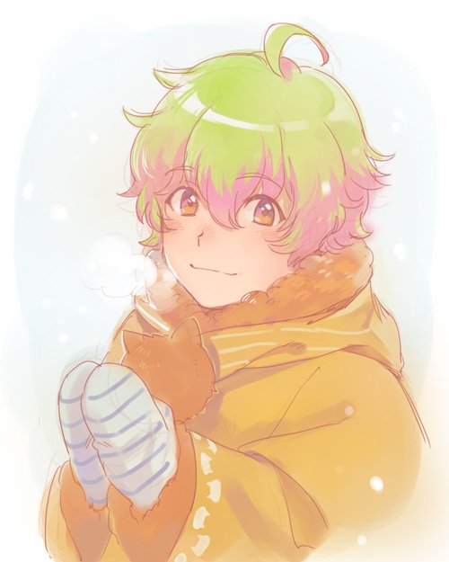 10s, 1boy, ahoge, blue_background, breath, brown_eyes, green_hair, idolmaster