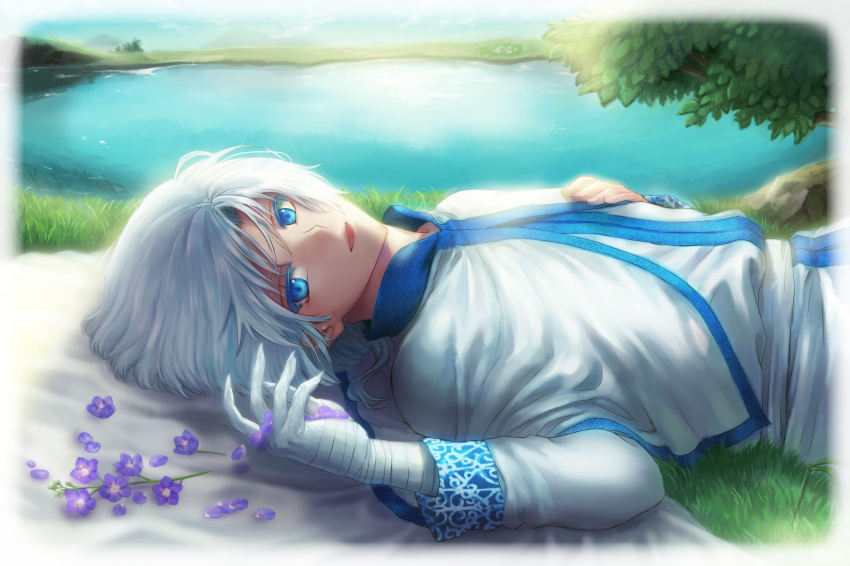 1boy, akatsuki_no_yona, bandages, bandaged_arm, blue_eyes, colored_eyelashes, day, flower, grass, highres, kija_(akatsuki_no_yona), kumanoe, looking_at_viewer, lying, male_focus, on_back, outdoors, parted_lips, purple_flower, scales, short_hair_with_long_locks, silver_hair, solo, water