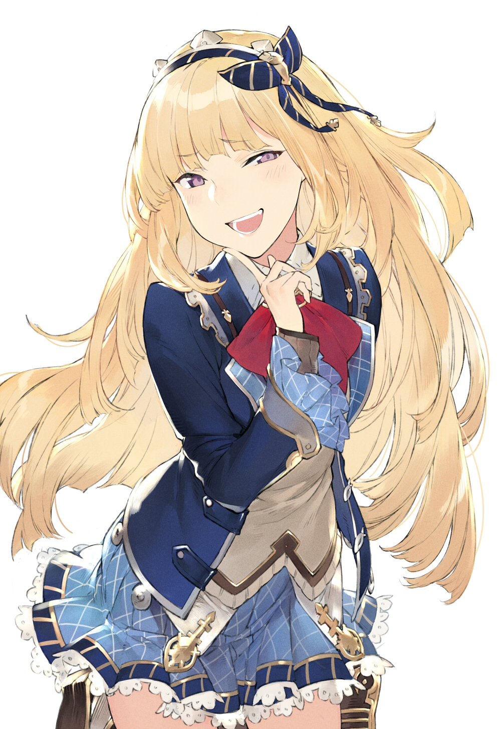 10s, 1girl, :d, blonde_hair, blue_skirt, cagliostro_(granblue_fantasy), cagliostro_(youthful_uniform)_(granblue_fantasy), duoyuanjun