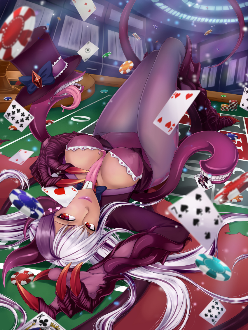 1girl, absurdres, animal_hands, bow, breasts, card, casino, claws