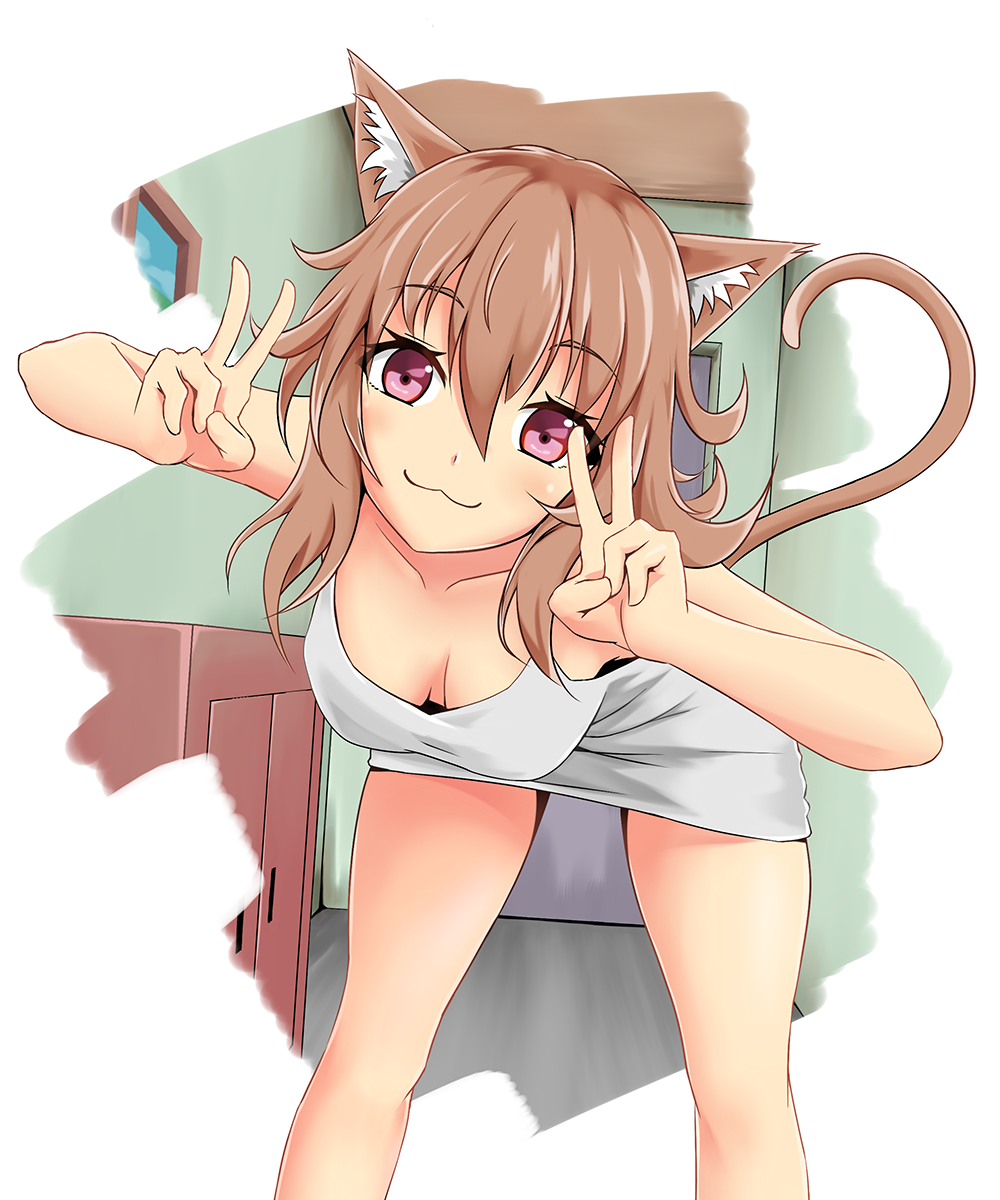1girl, :3, animal_ears, bare_arms, bare_legs, bare_shoulders, bent_over, breasts, brown_hair, cat_ears, cat_tail, chest_of_drawers, closed_mouth, double_v, downblouse, drawer, drawing_(object), dress, eyebrows, female_focus, hand_gesture, head_tilt, highres, indoors, leaning_forward, legs_apart, looking_at_viewer, original, picture_frame, pink_eyes, shelf, shoron, sleeveless, sleeveless_dress, smile, solo, standing, tail, v, white_dress