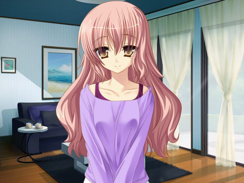 1girl, araki_kana, breasts, brown_hair, collarbone, couch, cup, curtains, game_cg, living_room, long_sleeves, looking_at_viewer, mole, mole_under_eye, norn_soft, off_shoulder, picture_frame, pillow, purple_hair, saucer, small_breasts, smile, standing, table, teacup, tsundere_imouto_wa_haramase_kibou_no_hatsuzyouki, upper_body, window, yellow_eyes, yuki_sin