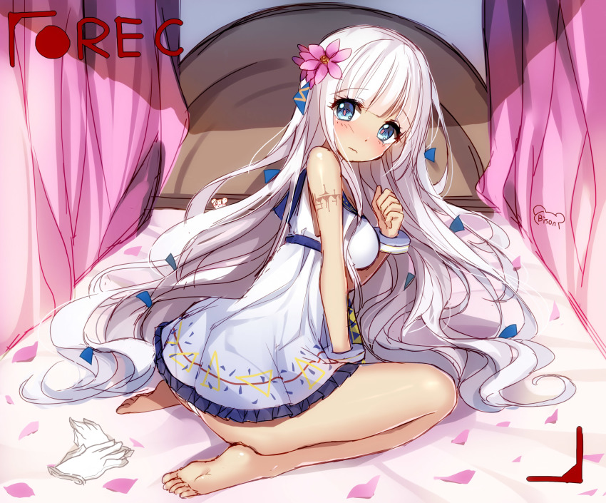 0_0, 1girl, animal, artist_name, bangle, barefoot, bed, between_legs, bison_cangshu, blue_eyes, blush, bracelet, breasts, character_check, curtains, dress, female_focus, flower, full_body, gloves, hair_flower, hair_ornament, hair_ribbon, hand_between_legs, highres, jewelry, long_hair, looking_back, on_bed, panties, pantyshot, ribbon, sitting, solo, south_dakota_(warship_girls_r), underwear, unworn_gloves, very_long_hair, warship_girls_r, wavy_mouth, white_dress, white_gloves, white_panties