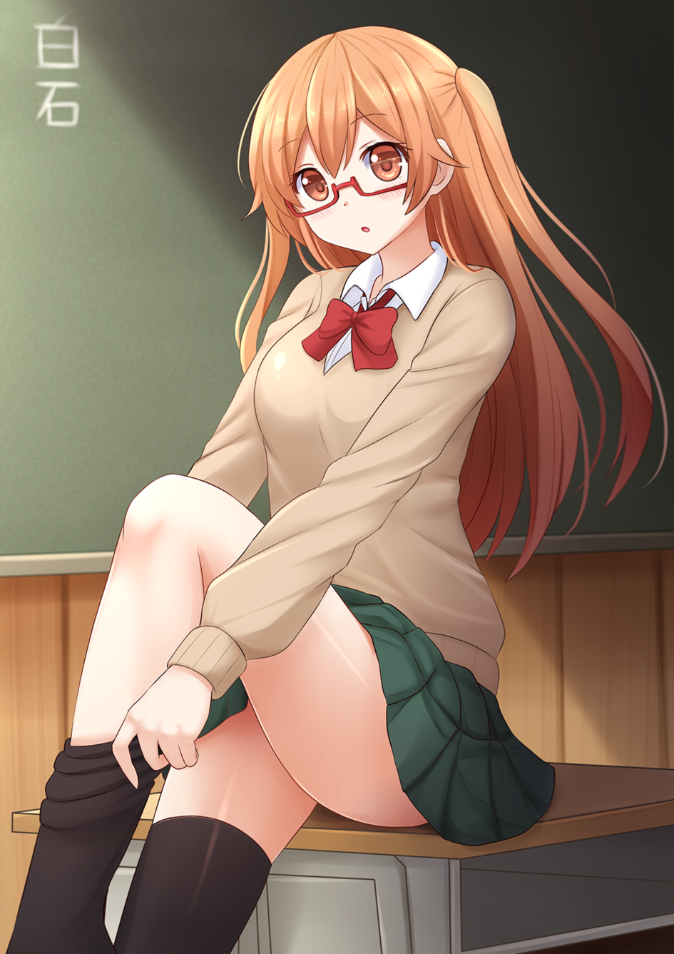10s, 1girl, black_socks, breasts, brown_hair, dressing, female_focus, glasses, highres, kazenokaze, kneehighs, looking_at_viewer, red_eyes, shiraishi_(tanaka-kun_wa_itsumo_kedaruge), shiraishi_(tanakeda), socks, solo, tanaka-kun_wa_itsumo_kedaruge, thighhighs