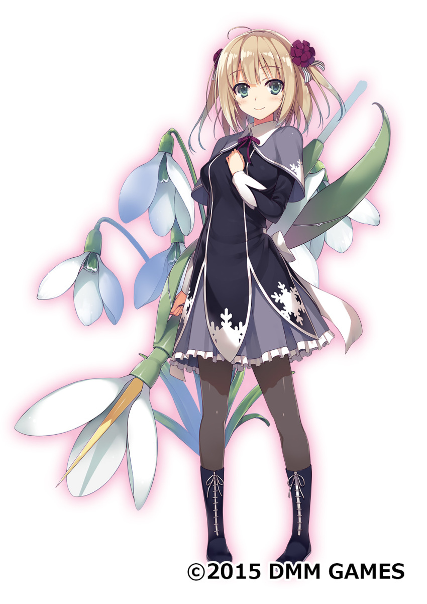 1girl, ahoge, blonde_hair, blue_eyes, blush, boots, capelet, detached_sleeves, female_focus, floral_background, flower, flower_knight_girl, frills, full_body, grey_pantyhose, hair_flower, hair_ornament, hand_on_own_chest, highres, knee_boots, lace-up_boots, long_sleeves, neck_ribbon, official_art, pantyhose, ribbon, short_hair, simple_background, smile, snowdrop_(flower_knight_girl), snowflake_print, solo, tomose_shunsaku, twintails, two_side_up, white_background
