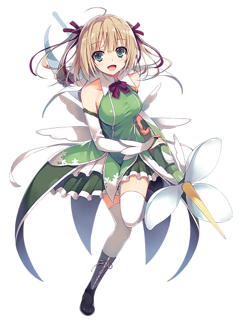 1girl, :d, ahoge, bare_shoulders, blonde_hair, blue_eyes, boots, bridal_gauntlets, elbow_gloves, female_focus, flower_knight_girl, full_body, gloves, hair_ribbon, holding, holding_weapon, knee_boots, lace-up_boots, leg_up, official_art, open_mouth, pile_bunker, pleated_skirt, ribbon, short_hair, simple_background, skirt, smile, snowdrop_(flower_knight_girl), snowflake_print, solo, thighhighs, tomose_shunsaku, transparent_background, twintails, two_side_up, weapon, white_background, white_gloves, white_thighhighs, zettai_ryouiki