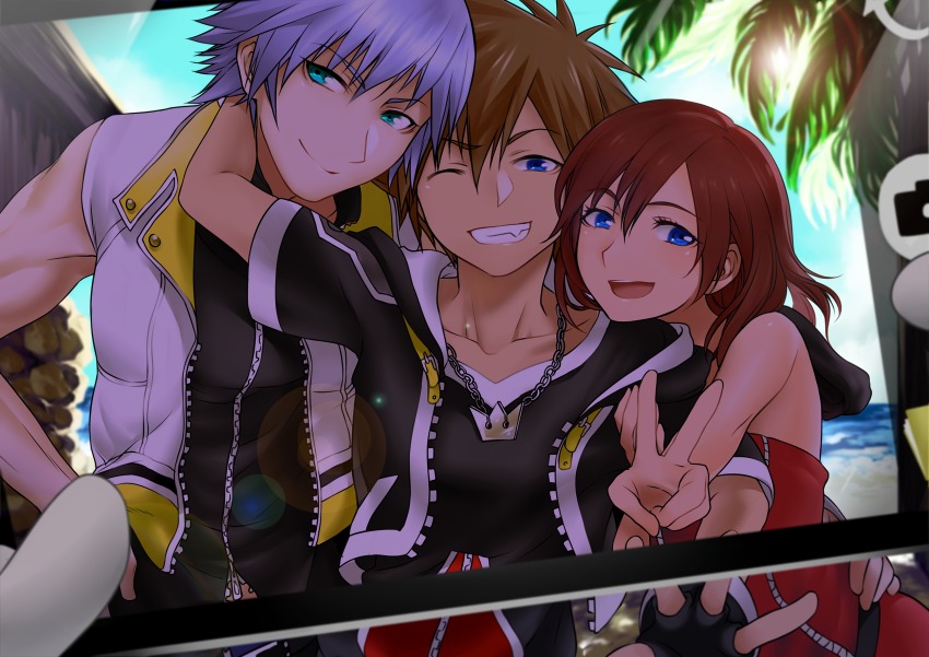 1girl, 2boys, aqua_eyes, arm_around_neck, blue_eyes, blue_sky, blurry, brown_hair
