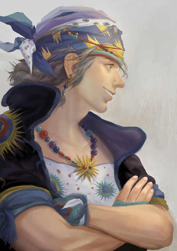 1990s_(style), 1boy, bandana, blue_eyes, crossed_arms, earrings, final_fantasy, final_fantasy_vi, fingerless_gloves, gloves, grey_hair, grin, jewelry, locke_cole, male_focus, necklace, profile, shaharkem, smile, solo, upper_body