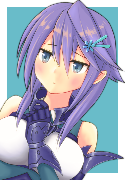 1girl, anemone_(flower_knight_girl), blue_background, blue_eyes, blush, female_focus, flower_knight_girl, gloves, hair_ornament, hairclip, looking_away, purple_hair, short_hair, solo, suzuki_lv.002, upper_body