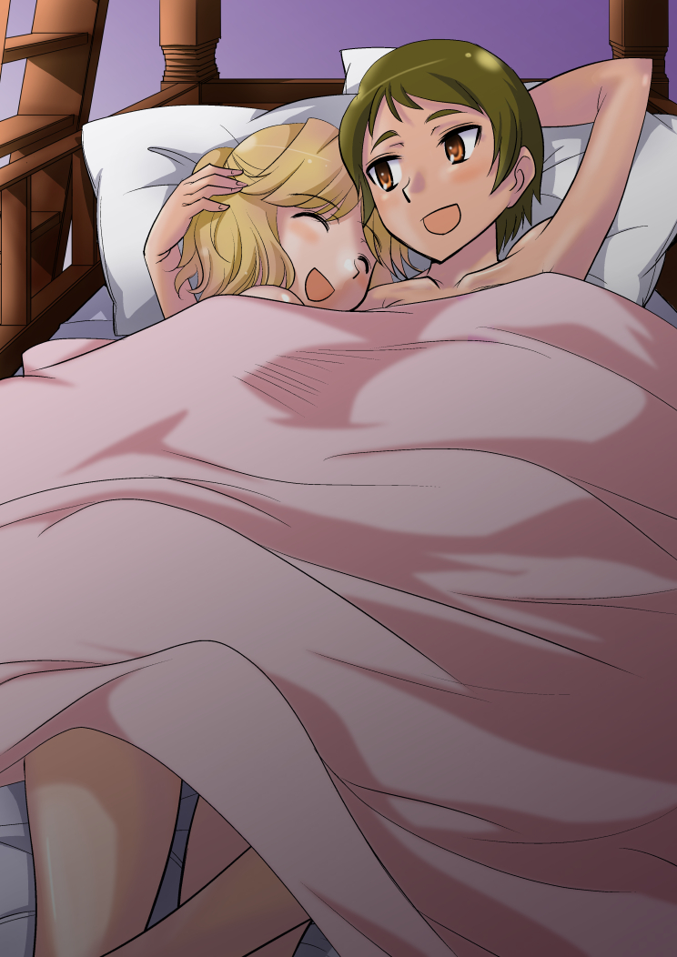 2girls, :d, arm_behind_head, azuma_seira, bad_id, bad_pixiv_id, bed_sheet, blonde_hair, blush, brown_eyes, brown_hair, closed_eyes, go!_princess_precure, hand_on_another's_head, looking_at_another, lying, morning_after, multiple_girls, nishimine_ayaka, nude, on_back, ono_toshihiro, open_mouth, pillow, precure, short_hair, smile, under_covers, yuri