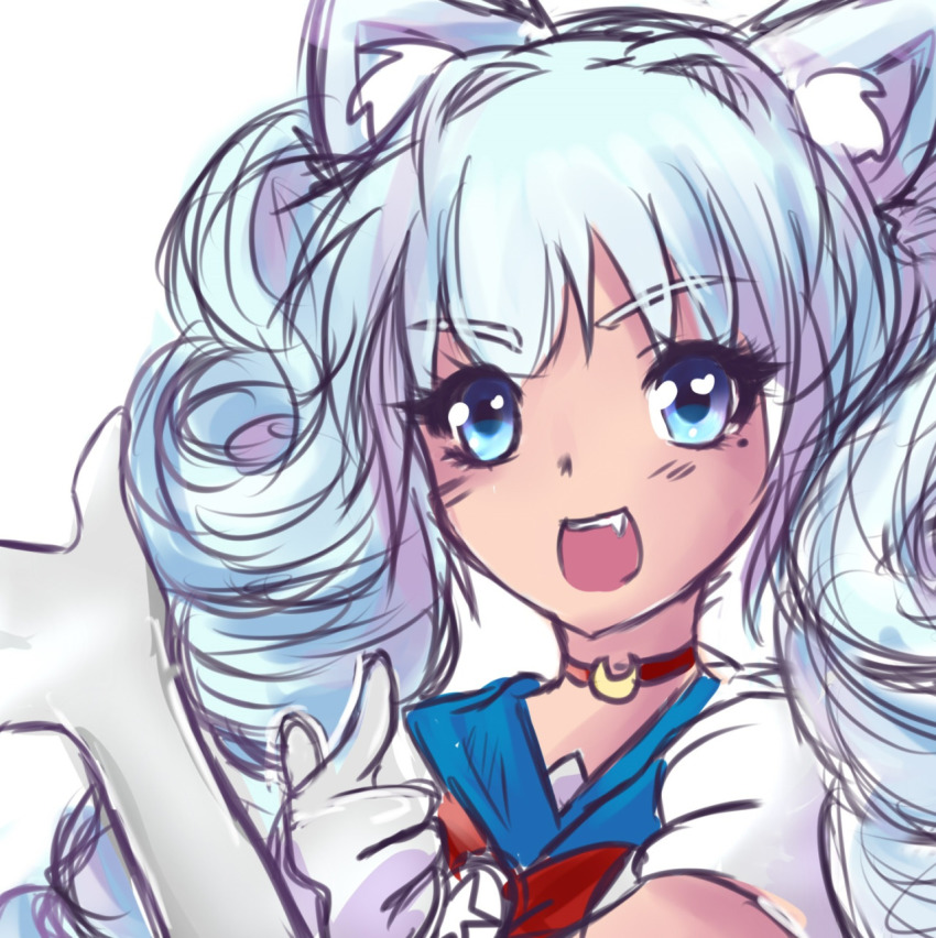 1girl, anastaysia_aliapoh_(tinyqote), animal_ears, aqua_eyes, bishoujo_senshi_sailor_moon, blue_eyes, blue_hair, cat_ears, cat_girl, choker, cosplay, curly_hair, drill_hair, elbow_gloves, eyelashes, fang, female_focus, final_fantasy, final_fantasy_xiv, gloves, gradient_eyes, highres, long_hair, looking_at_viewer, matching_hair/eyes, miqo'te, mole, mole_under_eye, multicolored_eyes, open_mouth, original, sailor_moon, sailor_moon_(cosplay), signature, simple_background, solo, straight_hair, tinyqote, tsuki_ni_kawatte_oshioki_yo, twintails, white_background