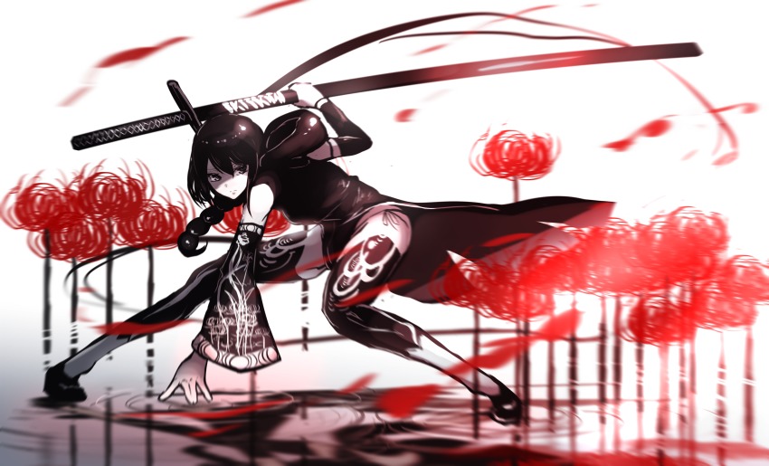 1girl, black_eyes, black_hair, braid, detached_sleeves, female_focus, flower, fufu_(fufuichi04)
