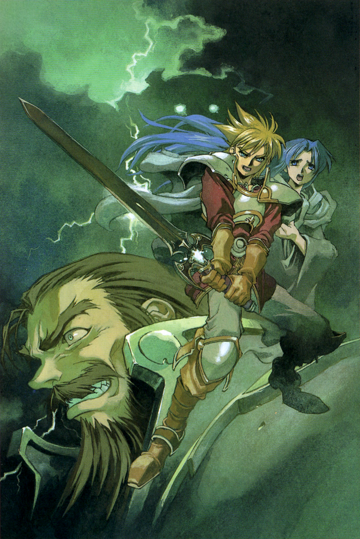 1girl, 2boys, armor, beard, blue_eyes, blue_hair, brown_hair, facial_hair