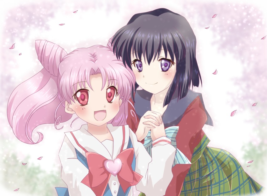 2girls, bent_over, bishoujo_senshi_sailor_moon, bishoujo_senshi_sailor_moon_s, black_hair, brooch, chibi_usa, cone_hair_bun