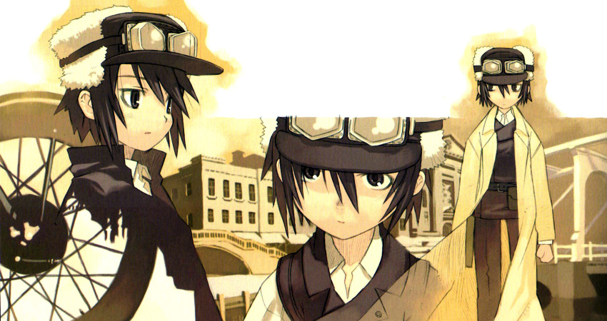 00s, 1girl, black_eyes, black_hair, bridge, brimmed_hat, building, expressionless, female_focus, fur, goggles, hat, highres, holster, kino_(kino_no_tabi), kino_no_tabi, kuroboshi_kouhaku, long_coat, looking_at_viewer, official_art, outdoors, reverse_trap, short_hair, solo, tomboy, unused_tire, vest, wheel