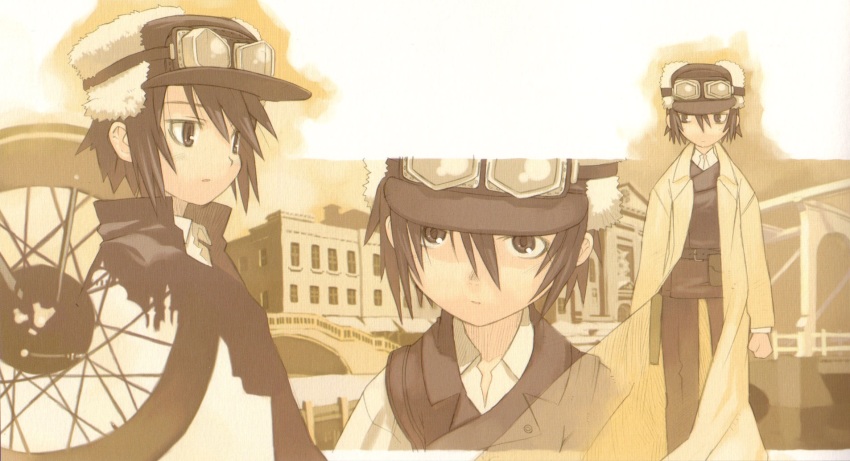 00s, 1girl, black_eyes, black_hair, bridge, brimmed_hat, building, expressionless