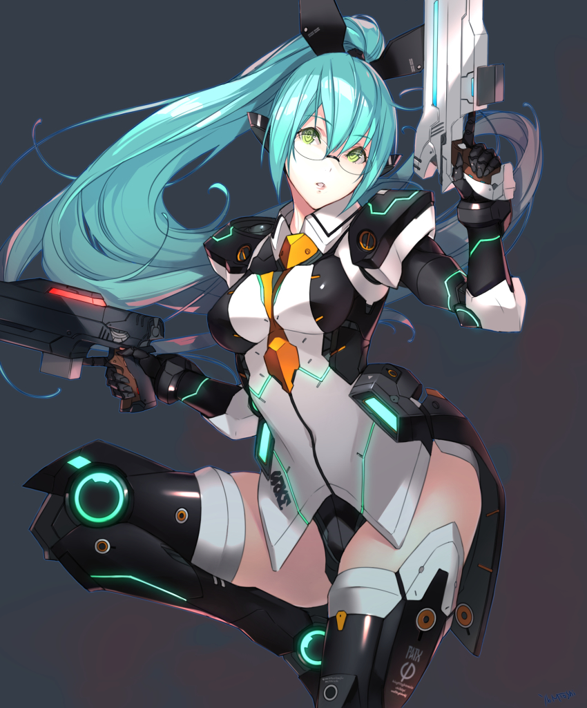 1girl, aqua_hair, between_breasts, black_gloves, boots, breasts, dual_wielding, eyebrows