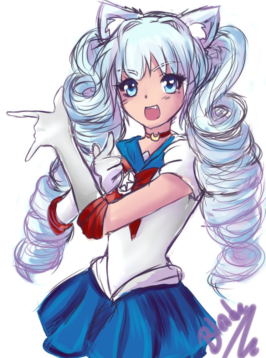 1girl, anastaysia_aliapoh_(tinyqote), animal_ears, aqua_eyes, artist_name, bishoujo_senshi_sailor_moon, blue_eyes, blue_hair, cat_ears, cat_girl, choker, cosplay, cowboy_shot, curly_hair, dress, drill_hair, elbow_gloves, eyelashes, fang, female_focus, final_fantasy, final_fantasy_xiv, gloves, gradient_eyes, highres, long_hair, looking_at_viewer, matching_hair/eyes, miniskirt, miqo'te, mole, mole_under_eye, multicolored_eyes, open_mouth, original, pleated_skirt, sailor_moon, sailor_moon_(cosplay), short_dress, signature, simple_background, skirt, solo, tinyqote, tsuki_ni_kawatte_oshioki_yo, twintails, white_background
