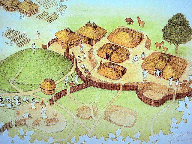 animal, fence, fire, horse, kofun_period, tree, village