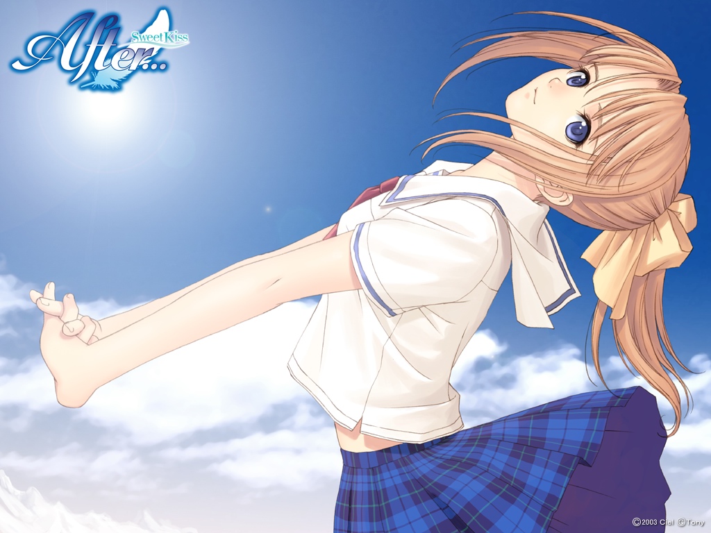 00s, 1girl, after_(game), after_sweet_kiss, arched_back, blonde_hair, blue_eyes, bow